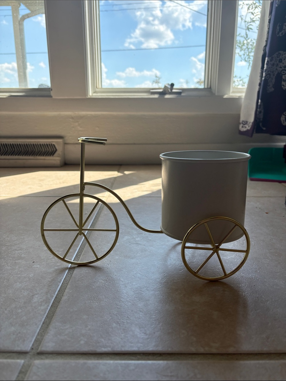 Gold Metal Tricycle Candle Holder/Planter with White Pot - Home Accents